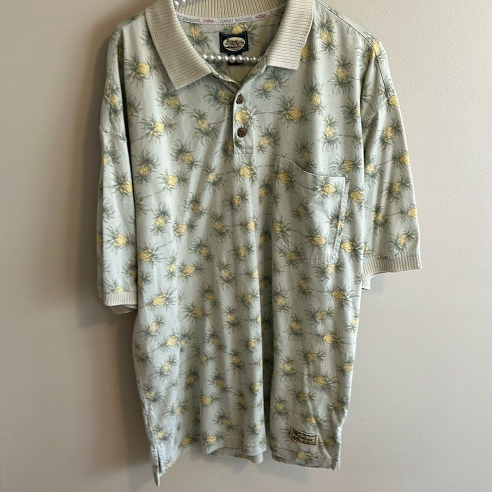 Tommy Bahama Men L Polo Shirt 100% Cotton Sage Green Pineapple Tropical Vintage
